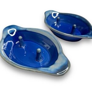 Set of 2 Ceramic Clay Baked Potato Cooker Holder Blue Speckle Glaze Farmcore